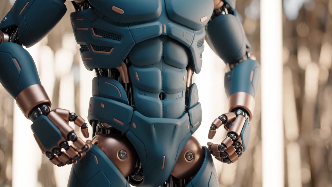 Detailed View of a Futuristic Robot with Advanced Features and Sleek Design, Highlighting Its Mechanical Components and Digital Aesthetics in a Modern Environment
