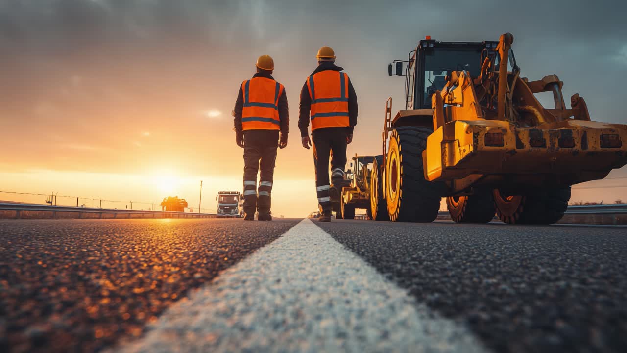 Two construction workers in reflective vests walk along a highway at sunset, overseeing heavy machinery and trucks, symbolizing teamwork and infrastructure development