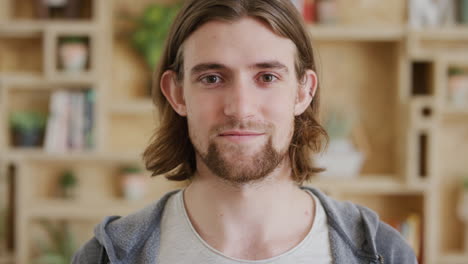 face, happy and beard with a man in an office