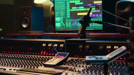 empty control room filled with buttons and sliders used for recording