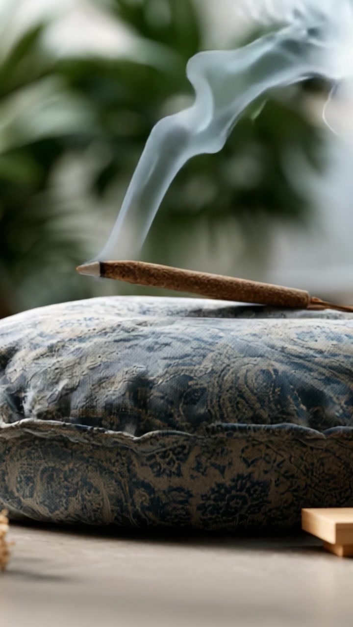 Un moment serein avec de la fumée d'encens s'élevant doucement d'un élégant coussin décoratif, créant une atmosphère tranquille remplie d'arômes apaisants