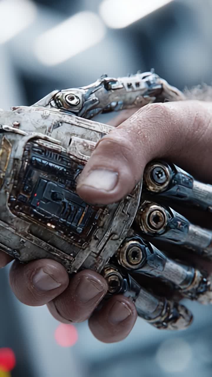 Intrikat sammensmeltning af menneskehed og teknologi: Nærbillede af en menneskehånd, der griber en kompleks robotprotese i en futuristisk setting
