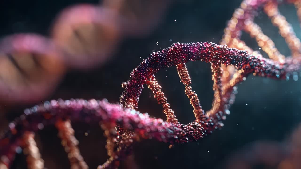 Una straordinaria visualizzazione della struttura del DNA con complesse eliche e dettagli molecolari che evidenziano le informazioni genetiche in un vibrante formato 3D.