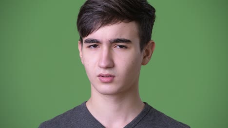 young handsome iranian teenage boy against green background