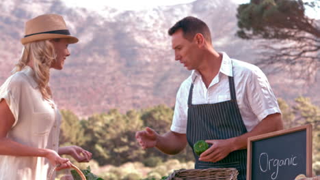 farmer talking to blonde customer in slow motion