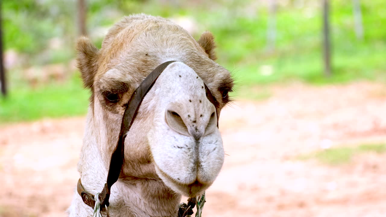 retrato de telefoto en la cara de un dromedario camello domado con un halter en la granja