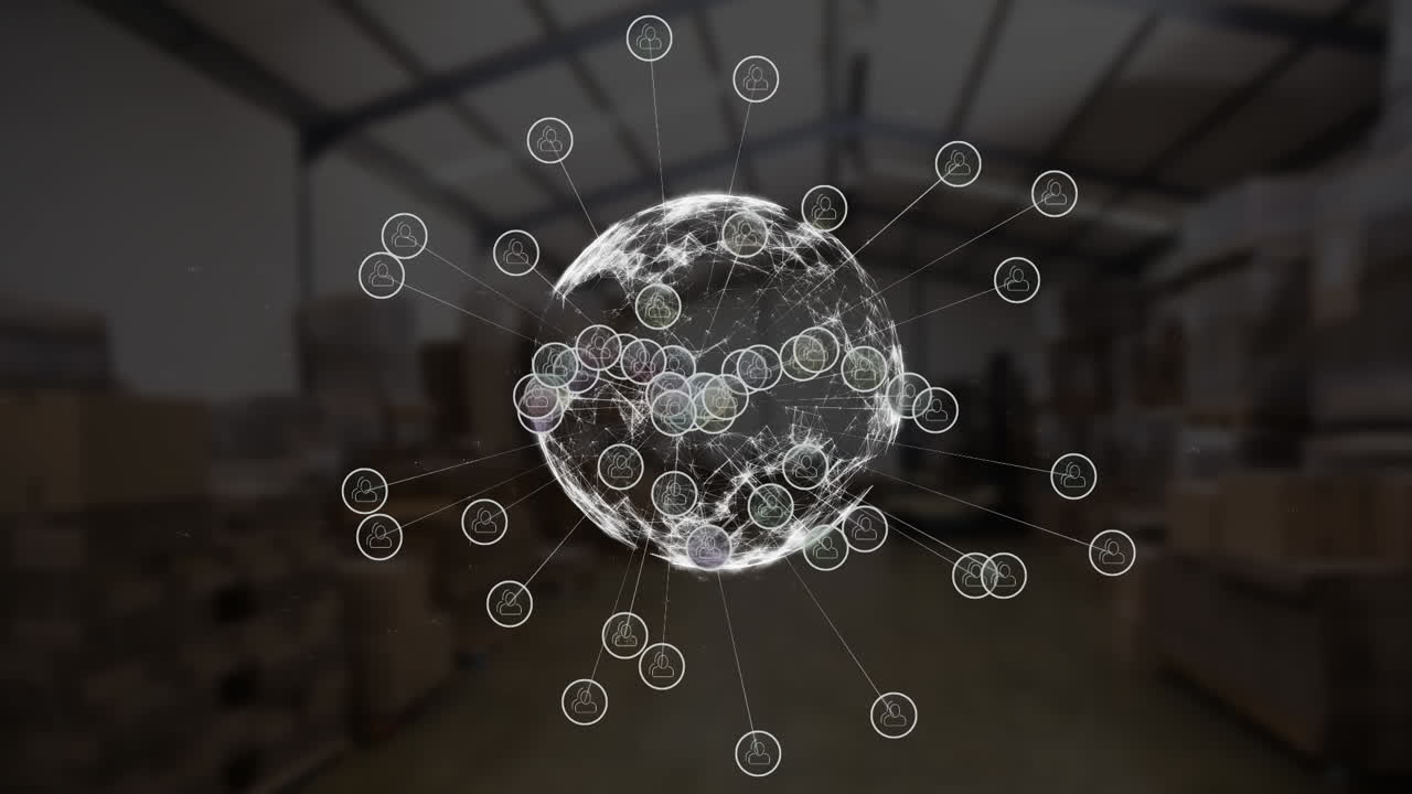 анимация сети соединений с цифровыми иконами и глобусом и складом