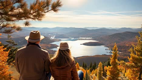 couple enjoying a scenic mountain view during autumn in a sunny landscape