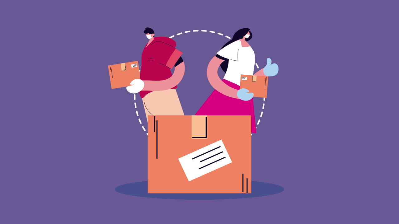 delivery service workers with boxes animation