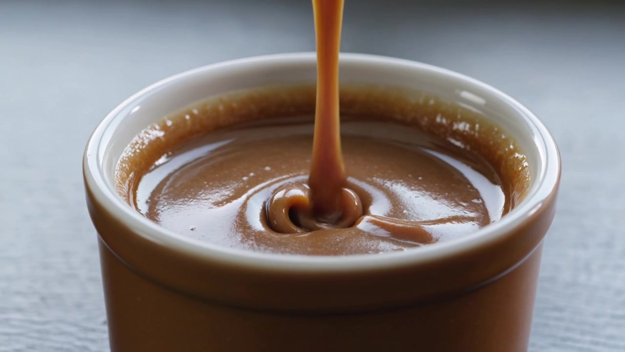 Premendo il cucchiaio e poi sollevandolo, una mano tira il caramello da una ciotolina di ceramica sul piano di lavoro, formando una spirale.