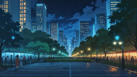 nighttime city avenue with market stalls and skyscrapers