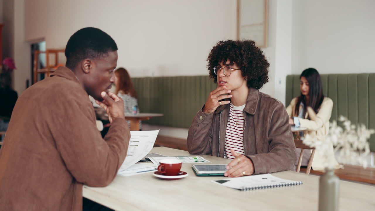 Two businessmen having a meeting in a cafe