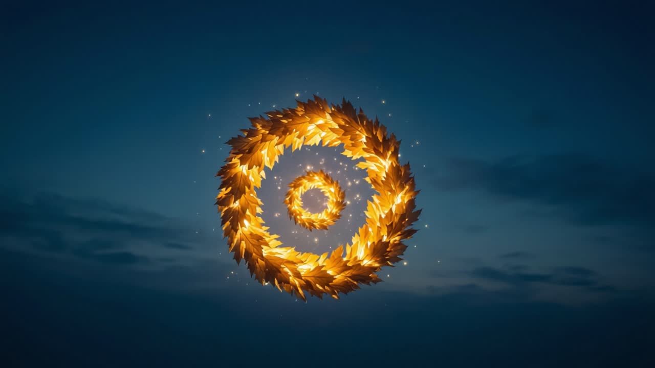 A Mesmerizing Golden Circular Pattern with Sparkling Effects Against a Vast Sky Background, Evoking Mystique and Natural Elegance in Motion
