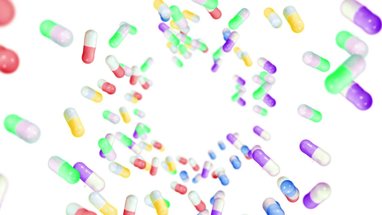volando muchas cápsulas médicas en fondo blanco. concepto de medicina y farmacia. animación 3d de coloridas cápsulas de pastillas girando. animación de bucle.