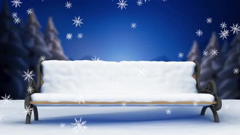 Animation-of-snow-falling-over-bench-and-winter-landscape