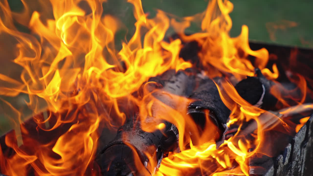 Close up of fire and flames. Warm fireplace with lots of trees ready for barbecue