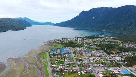 aerial view hualaihué, a chilean commune located in palena province, los lagos region beside fjord waterway