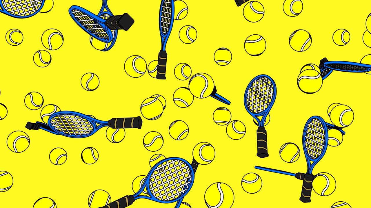 노란색 배경에 있는 테니스 공과 파란색 테니스 라켓입니다.
