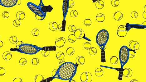 toon style tennis balls and blue tennis rackets on yellow background.