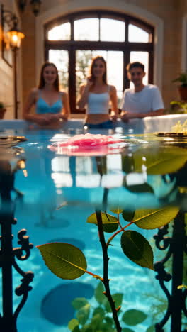 pink rose underwater and in pool with people