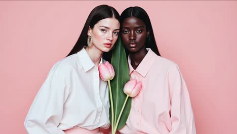 two women in pink shirts with tulips
