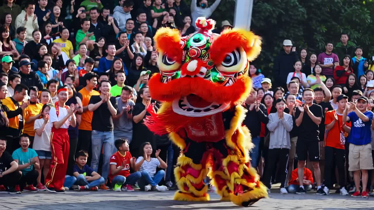 Vibrant lion dance performance captured from a low-angle, showcasing colorful costumes and a lively