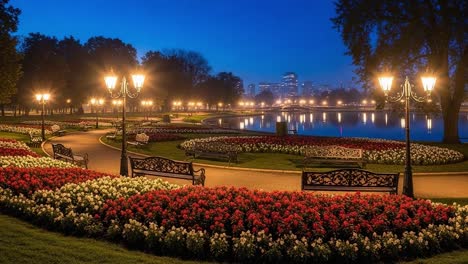 serene night in a flower-adorned park with illuminated pathways and reflective waters, capturing the tranquility of evening amidst vibrant blooms