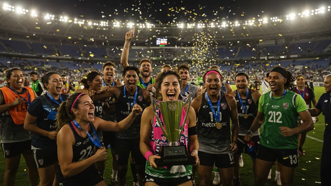 Celebrating Victory: A Team Triumphs with a Championship Trophy Surrounded by Joyful Players Amidst Confetti and Flashing Lights in a Stadium Atmosphere