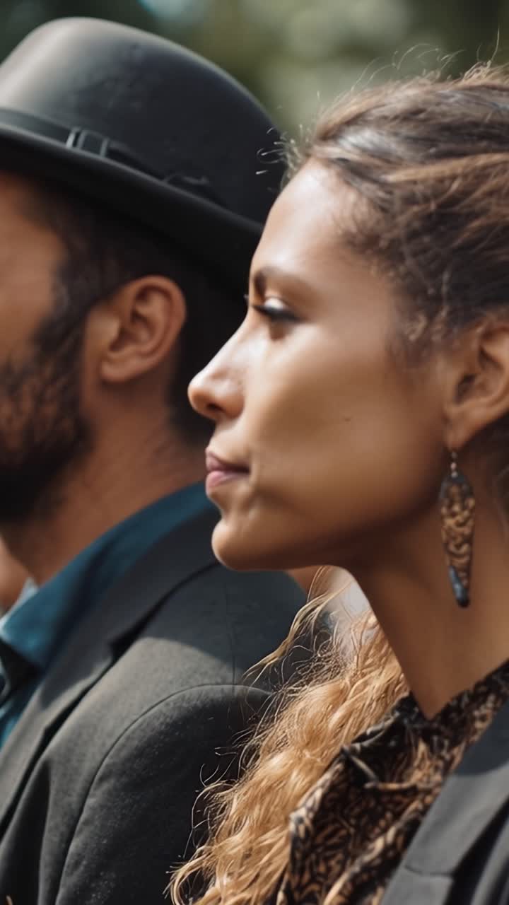 Woman with long curls gazes thoughtfully. Man beside her wears a black hat. Both seem calm, immersed in quiet moment. Perfect for mood, lifestyle, or cultural scenes. No animals or plants visible