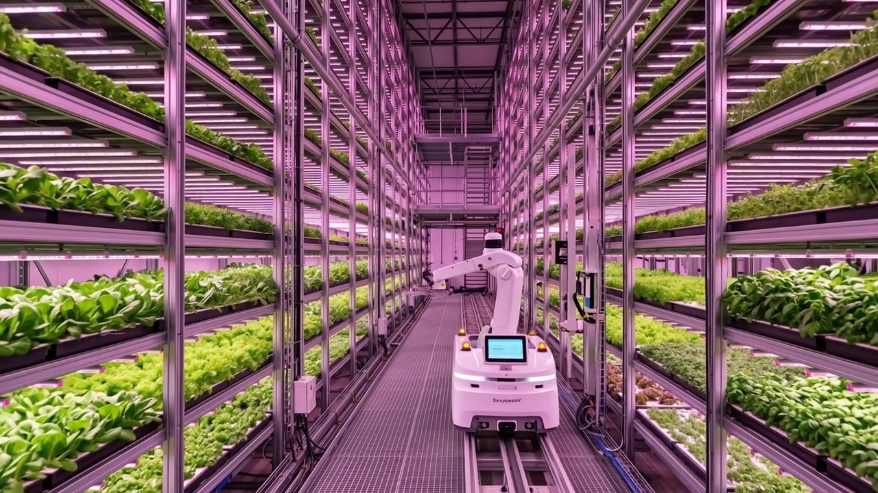 Vista simmetrica di un robot autonomo che monitora le colture in una struttura idroponica verticale illuminata di viola