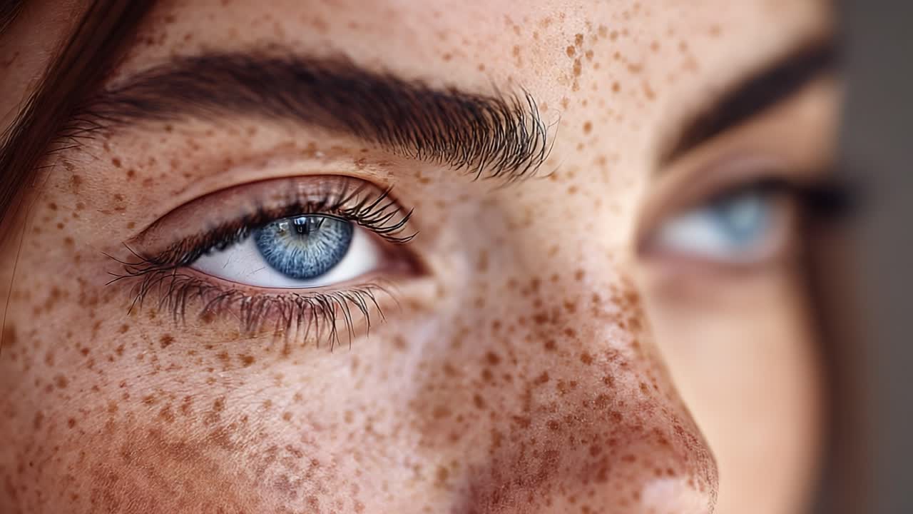 Captivating Close-Up of a Young Person's Freckled Face Highlighting Stunning Blue Eyes and Rich Textures, Emphasizing Natural Beauty and Unique Features