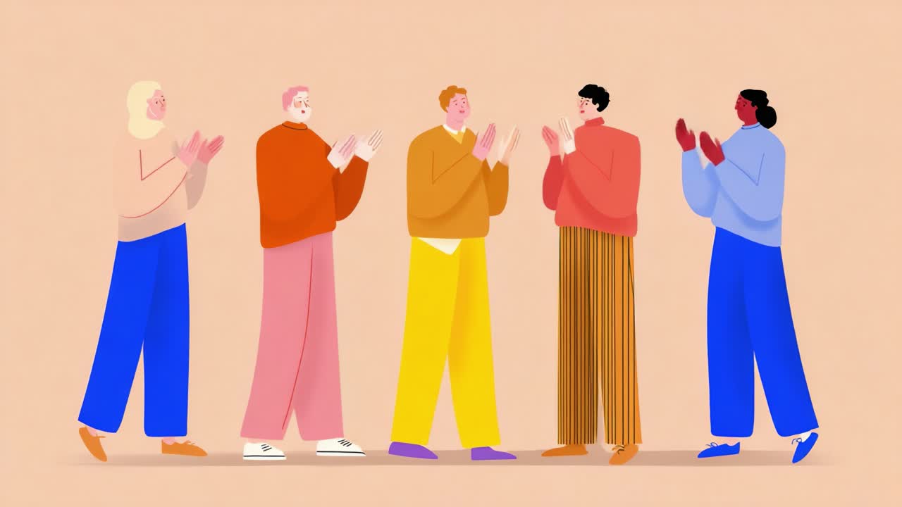 A cheerful assembly of animated figures celebrating together with applause, displaying a warm atmosphere that highlights community, friendship, and shared joy in an engaging illustrated scene