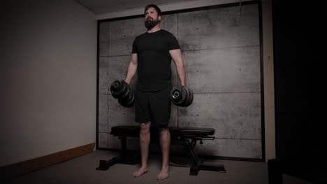 standing dumbbell supination concentration curls, cinematic lighting, white man dressed in black gym attire