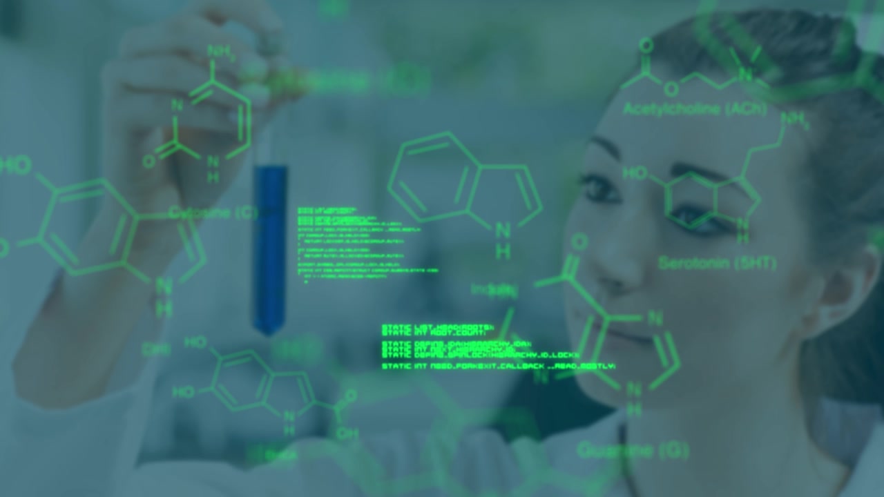Scientist Examining Test Tube with Digital Chemical Data Overlay