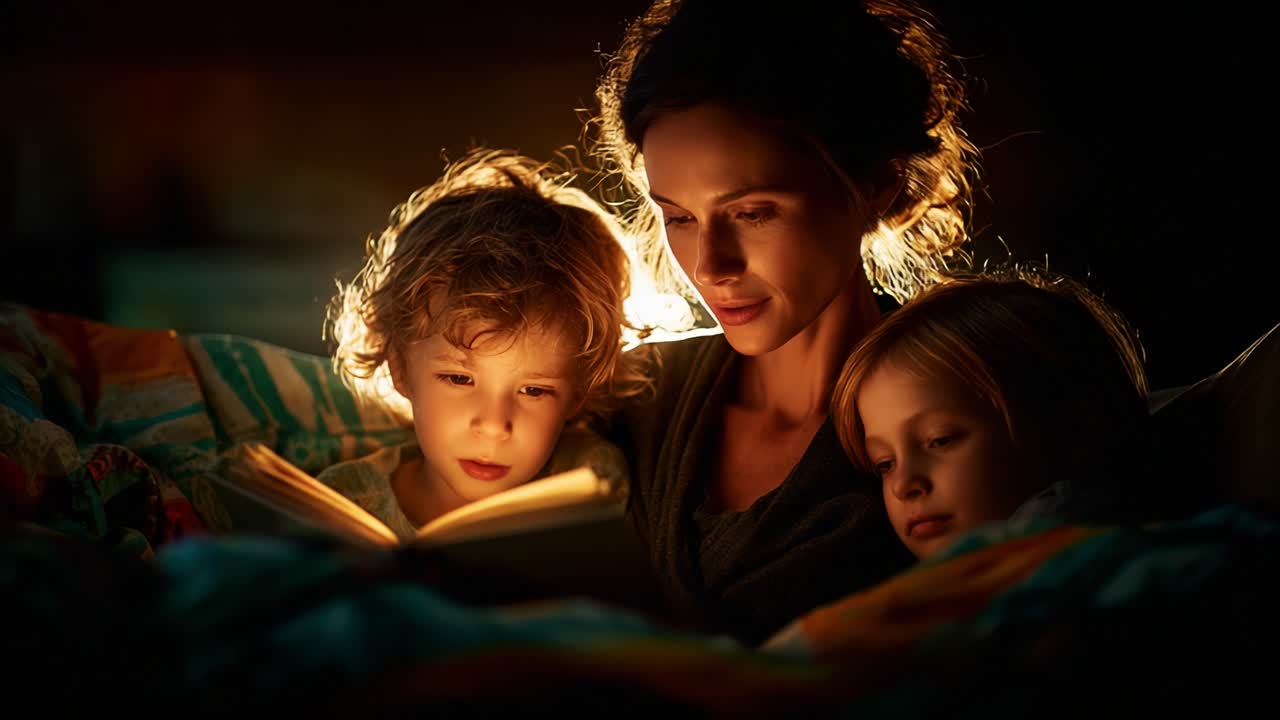 A Cozy Evening Scene of a Mother Reading a Story to Her Children, Bathed in Warm Light, Creating a Magical Atmosphere Filled with Love and Imagination