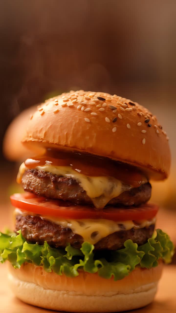 Hamburguesa Jugosa en Primer Plano con Fondo Bokeh 4K