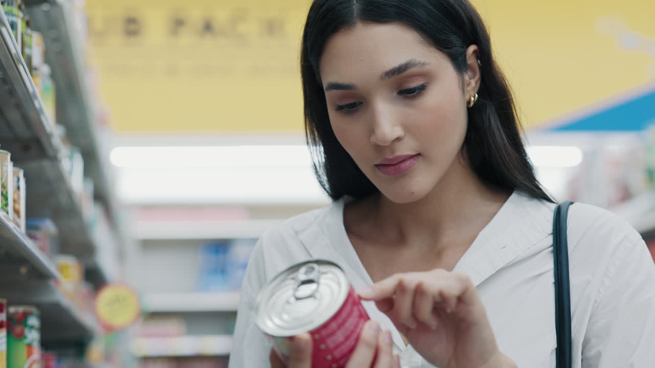 Woman Shopping for Canned Food in a Grocery Store
