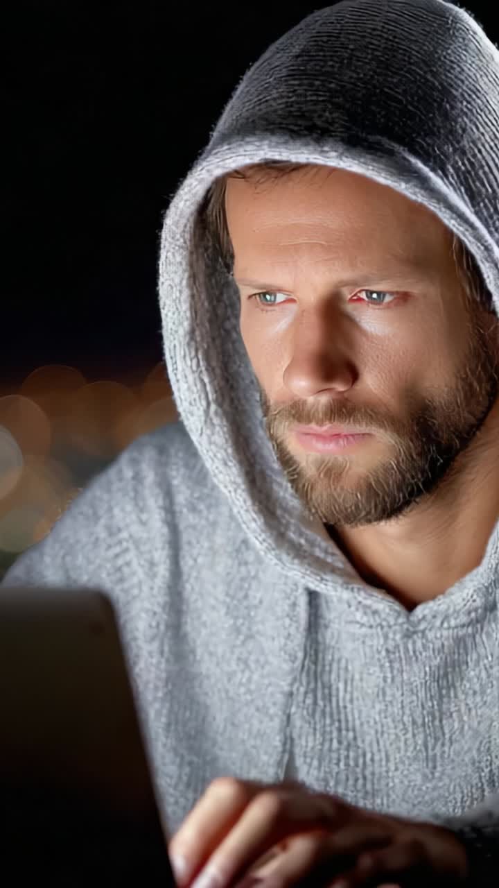 A focused man in a hooded sweater intently works on a device at night, illuminated by soft ambient light in the background, showcasing concentration and modern technology