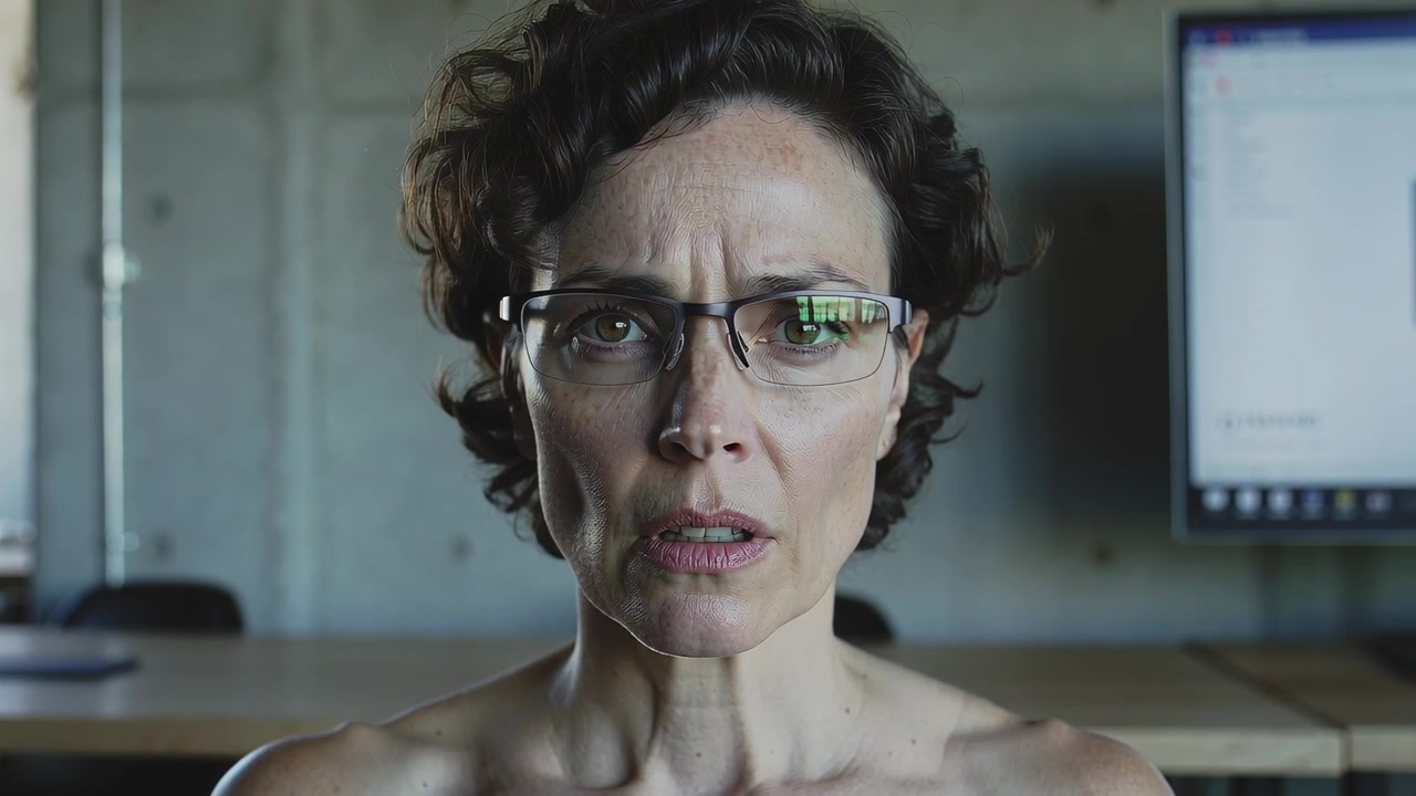 Squinting at office monitor woman in strapless top lifting glasses, settling on nose