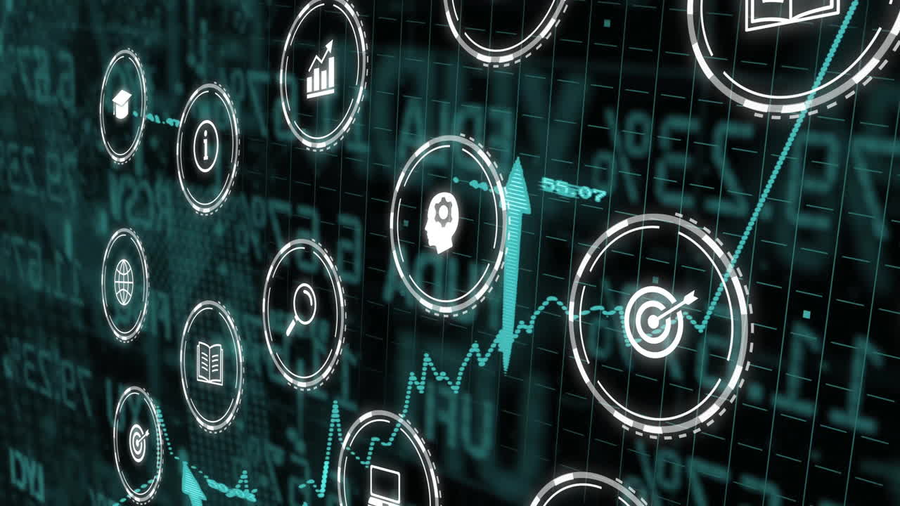 디지털 그리드 배경에서 비즈니스 아이콘과 금융 데이터 처리 애니메이션