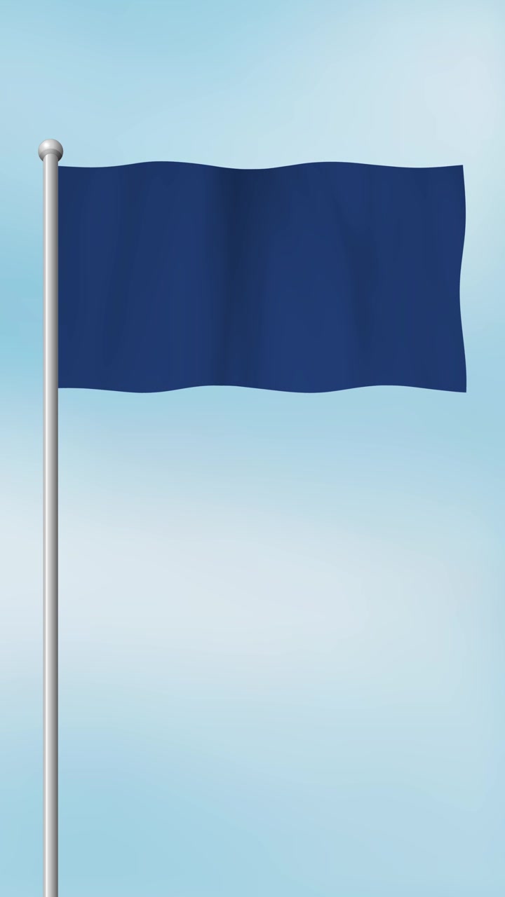 Sininen lippu liehuu kevyesti pystysuorassa tangossa, sulava animaatio, pehmeä päivänvalo, kirkas taivas taustana.