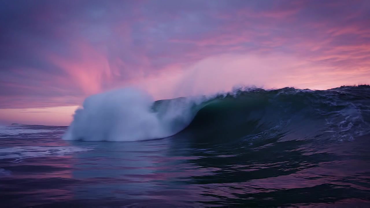 Maestosa onda oceanica che si infrange sotto un vibrante cielo viola al tramonto