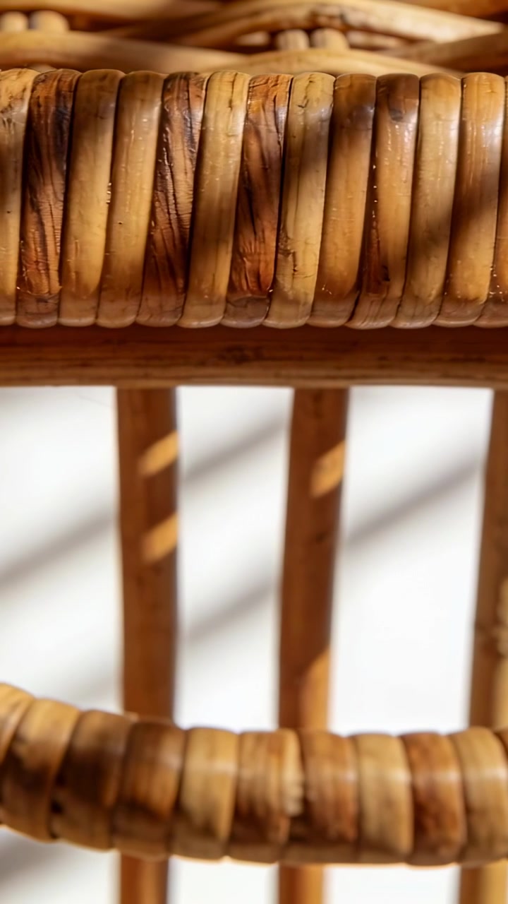 Video verticale: Panoramica della telecamera che mostra uno schienale in rattan alla finestra, rivelando texture e fasce d'ombra.