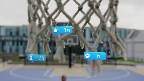 animation of basketball hoop with social media icons for likes and comments