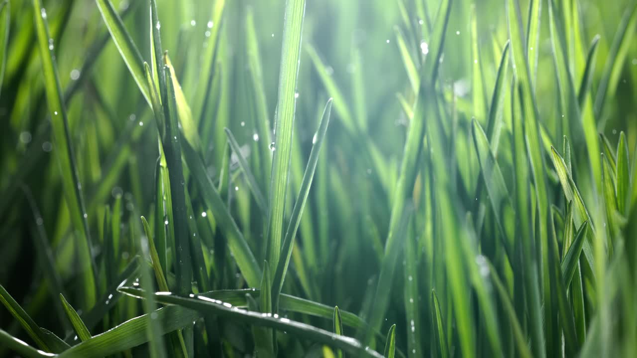 зелёная трава вблизи. капли дождя медленно падают на траву. снимок с супер медленной камеры.
