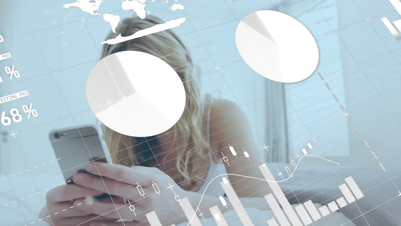 집에서 침대에 누워있는 스마트 폰을 사용하는 백인 여성에 대한 통계 데이터 처리 애니메이션