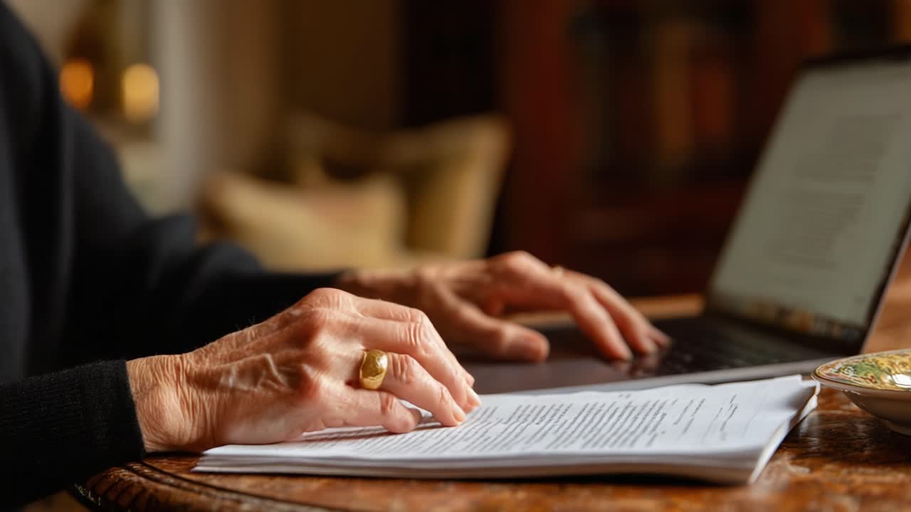 Focused Hands on Laptop: Engaging with Documents and Technology While Seated at a Cozy Desk with a Warm Atmosphere