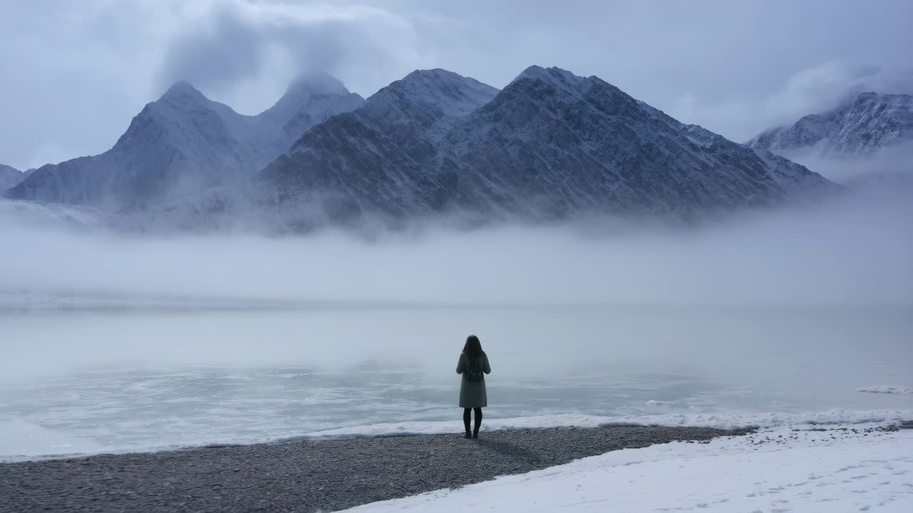 Person standing by a frozen lake with misty mountains in winter