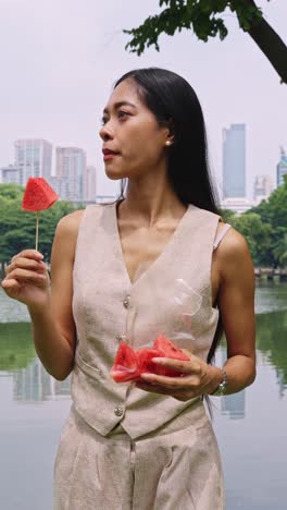 woman eating watermelon in park