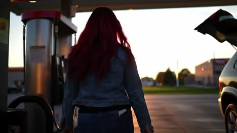 a woman with flowing red hair walks toward the sunset at a gas station, highlighting the transition between day and night in a serene and peaceful setting